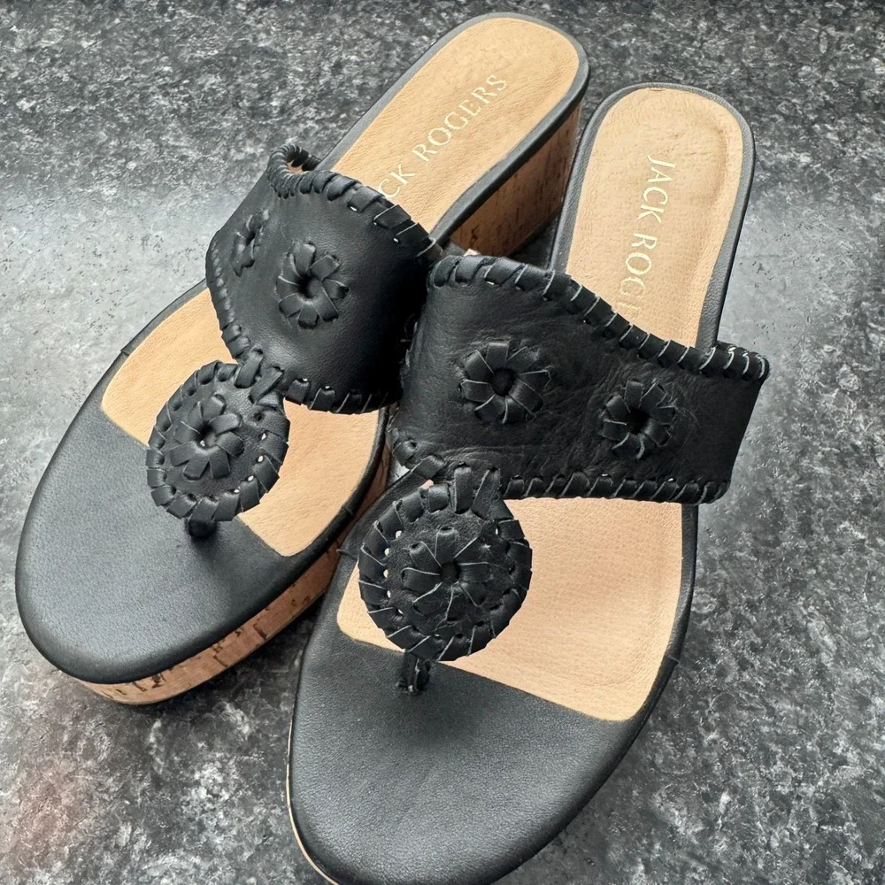 Jack Rogers Mid Wedge Cork Thong Sandals Women's Size 7 Woven Black Classic